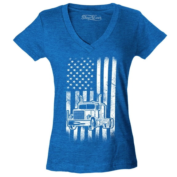 Shop4Ever Women's Trucker American Flag USA Slim Fit V-Neck T-Shirt X-Large Heather Royal Blue