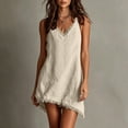 thumbnail image 4 of ClodeEU Women's V Neck Adjustable Spaghetti Strap Dress with Fringe Trim,Casual Summer Mini Dress Khaki,Women's Plus XL, 4 of 8