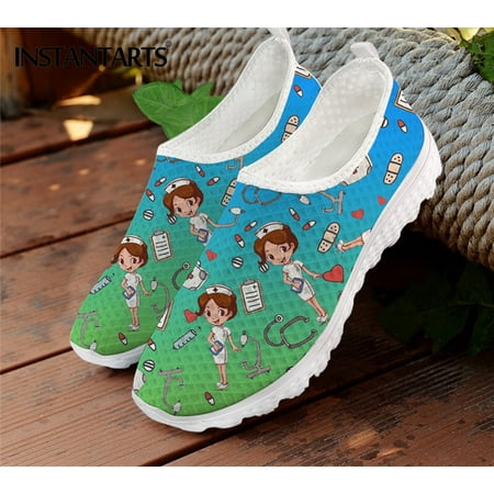 

FORUDESIGNS Cute Nursing Shoes for Women Summer Orange Black Slip On Flats Sneakers Breathable Casual Nurse Pattern Ladies Shoes