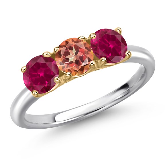Gem Stone King 10K Two Tone Gold Ecstasy Mystic Topaz and Red Created Ruby Engagement Ring for Women | 2.20 Cttw | Round 5MM | Gemstone November Birthstone | Size 7