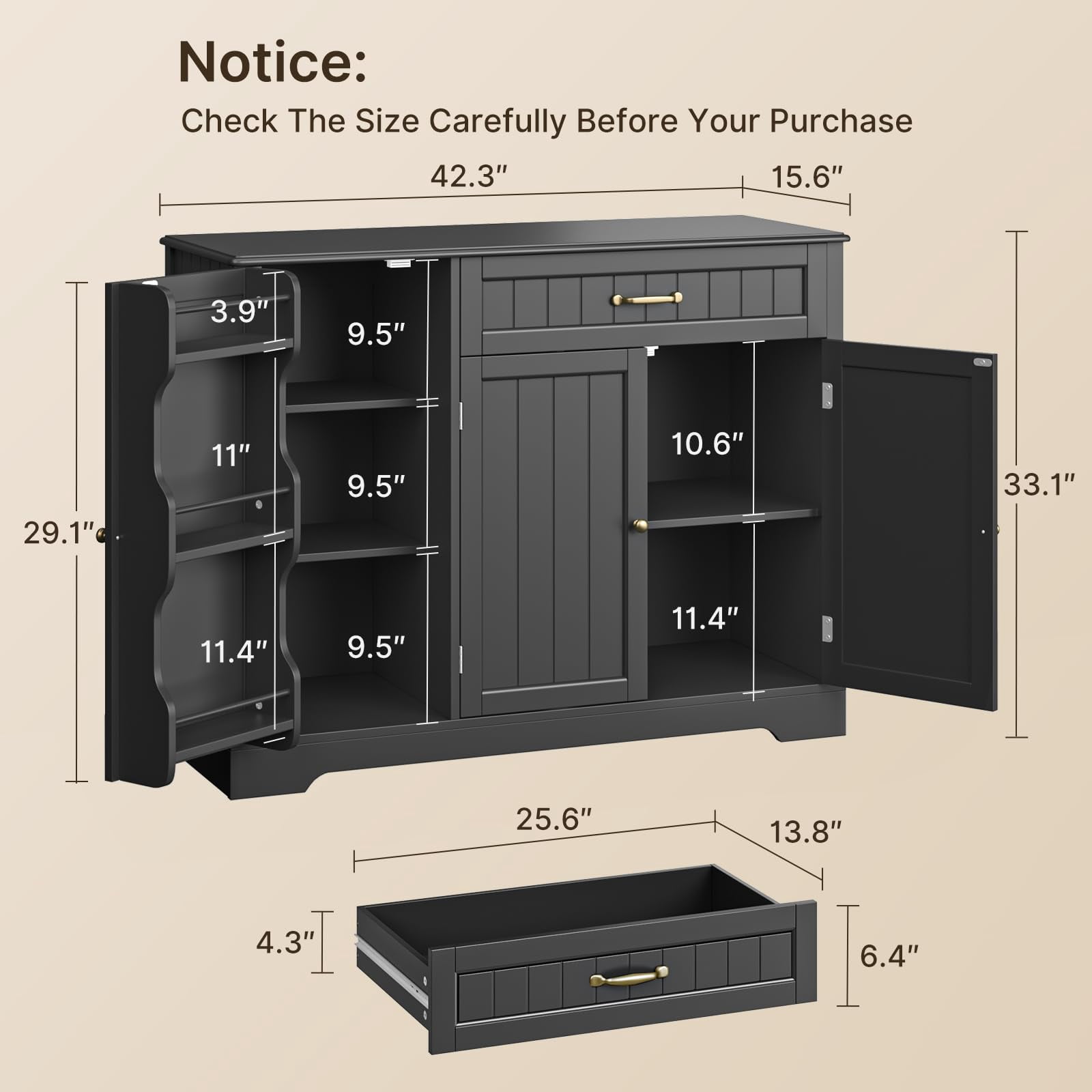 Coffee Bar Cabinet, Lofka 42" Farmhouse Kitchen Storage Sideboard Buffet Cabinet with 8 Shelves & 1 Drawer, Multifunctional Console Table for Dining Living Room Entryway Coffee Station, Black