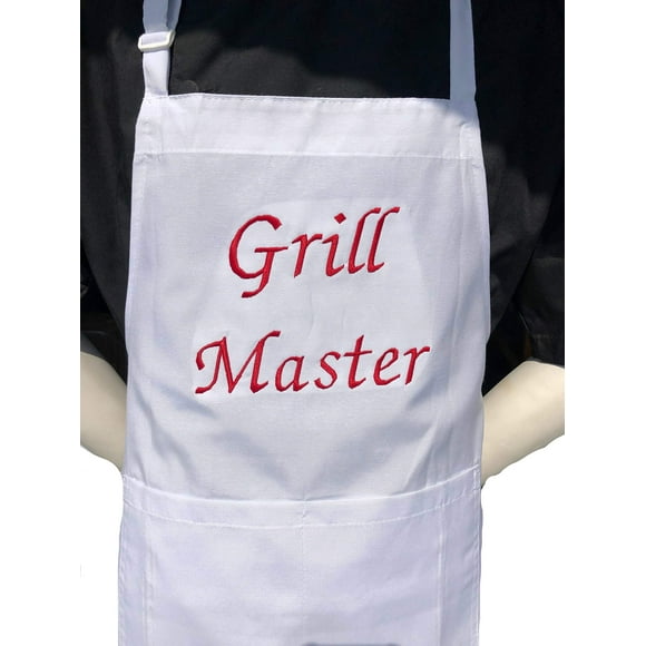 CHEFSKIN Beau Tablier de Chef Professionnel pour Grill (Tablier Blanc, Broderie Rouge)