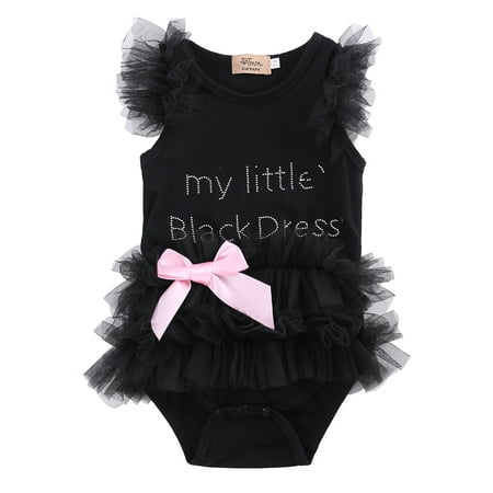 

Letter Lace Ruffles Cuff Bodysuit Jumpsuit Baby Girl Tutu Romper Black Dress Bowknot Bow Lace Cloth