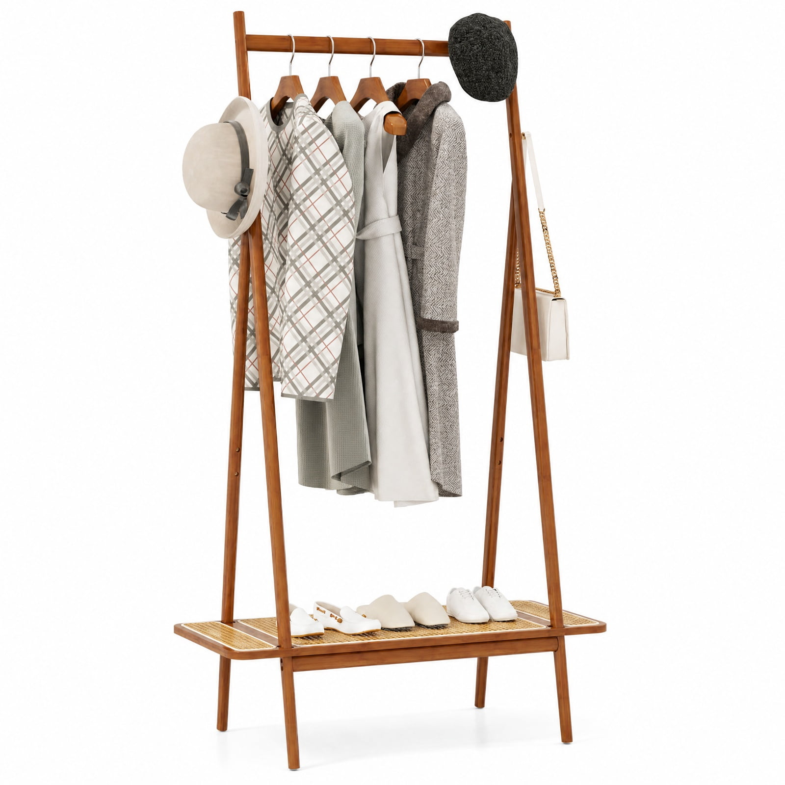 Furnibear Bamboo Clothes Rack with Hanging Rod Rattan Shelf and 5 Copper Hooks Freestanding Garment Rack for Bedroom and Entryway, Brown