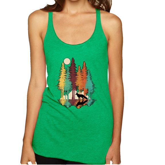Wild Bobby, Trippy California Redwoods Forest Fox Silhouette | Womens Fashion Premium Tri-Blend Racerback Tank Top, Envy, Medium