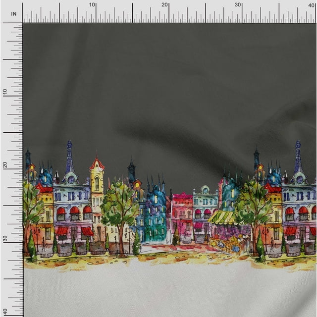 Soimoi Polyester Crepe Fabric Buildings Panel Printed Craft Fabric by The Yard 42 Inch Wide