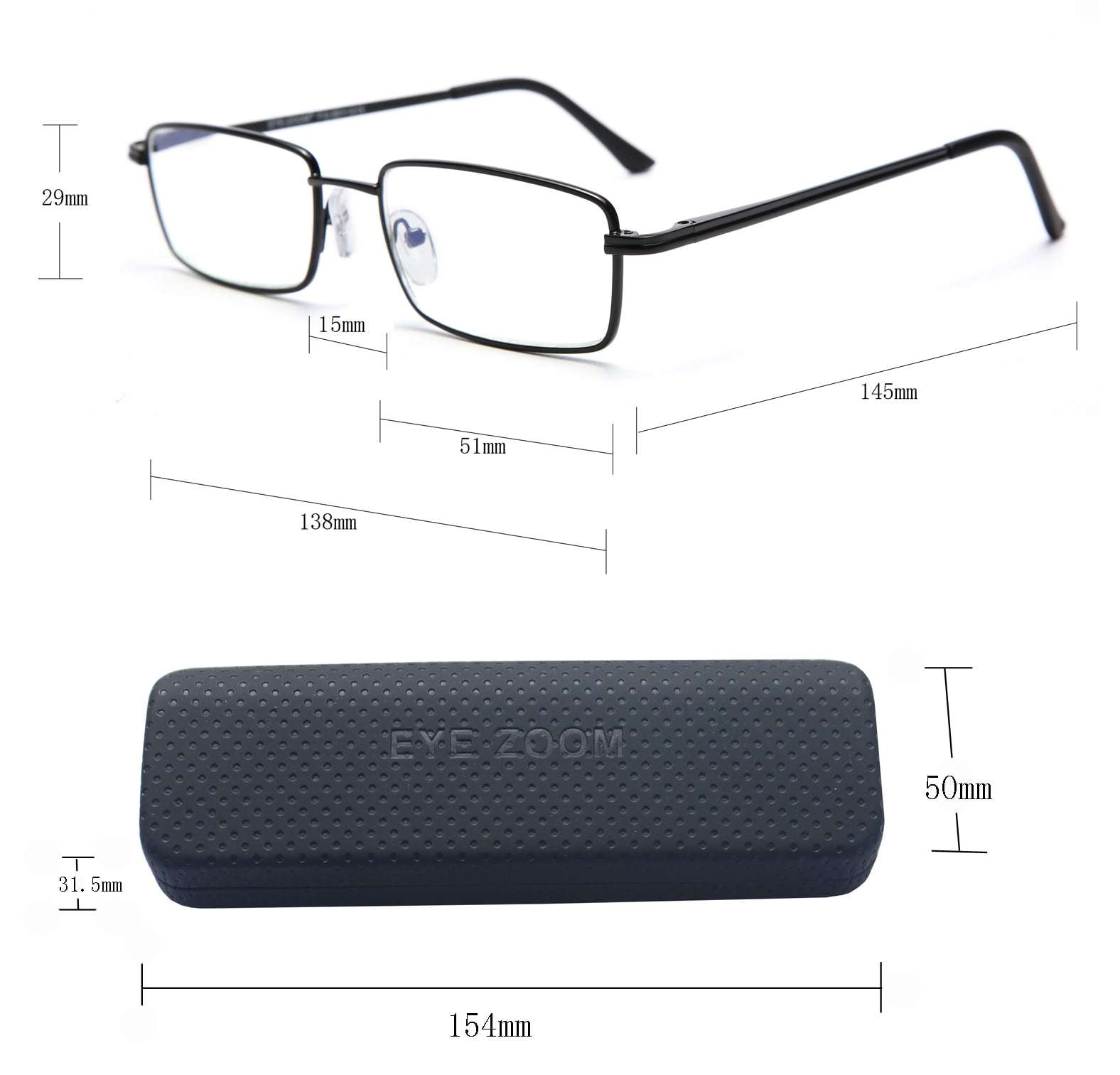 EYE ZOOM 2 Pack Rectangular Metal Frame Blue Light Blocking Reading Glasses, Black, +1.50