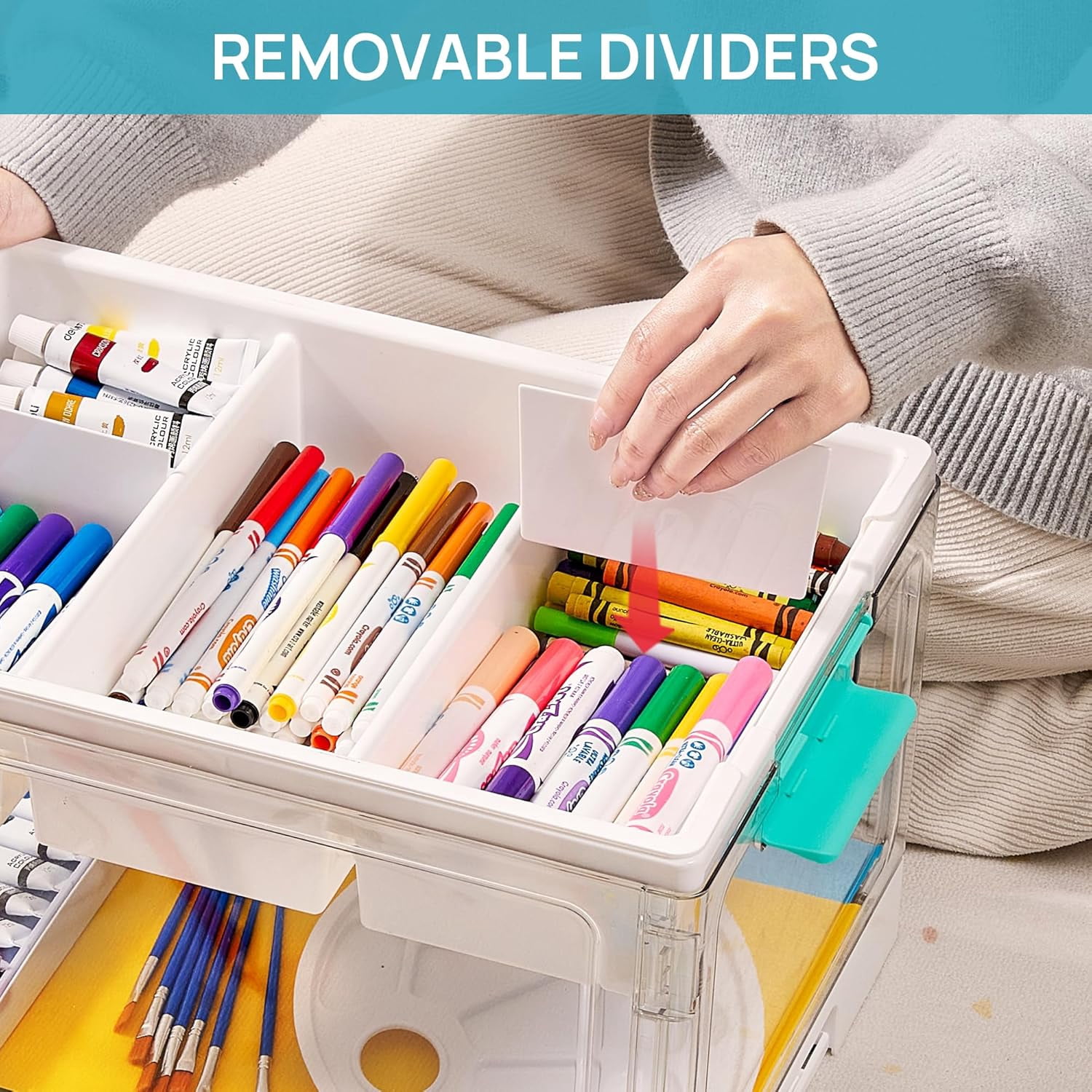 Clear Plastic Craft Organizers and Storage Box with Removable Trays and Dividers, 24 QT, Art Supply Organizers and Storage, Ideal Containers for Coloring Books, Craft Supplies