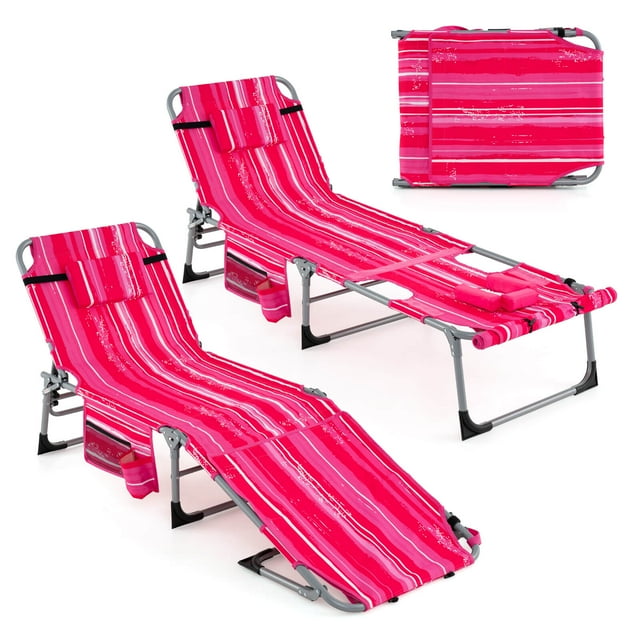 Goplus 2 PCS Outdoor Folding Chaise 5-Position Lounge Chair with Adjustable Footrest Pink