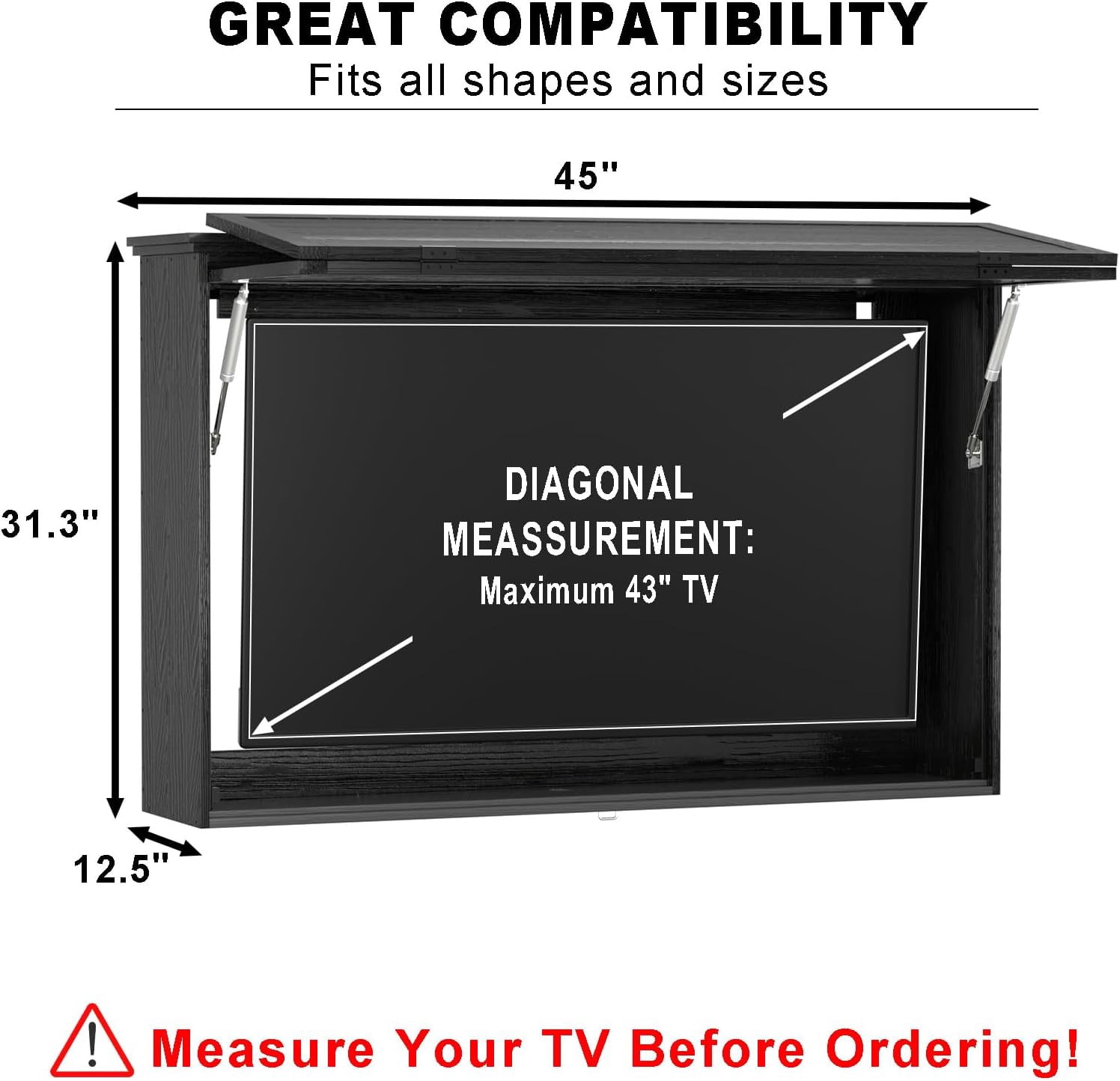 GDLF Outdoor TV Enclosure, 43-Inch Solid Wood Weatherproof TV Cover with Heavy-Duty Single-Arm Mount (Fits 32-43 inch), Black