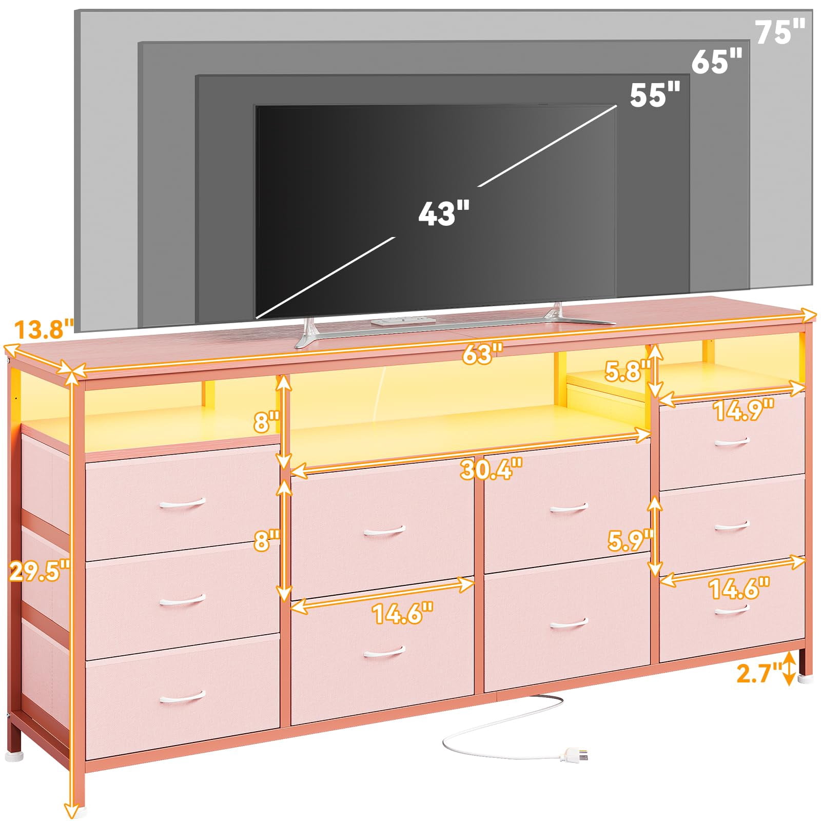 TROPOW Tv Stands for Living Room,10 Drawer Dresser Tv Stand for 65 70 75 Inch Tv,63" W Long Fabric Dresser Entertainment Center, Chest of Drawers Dresser for Bedroom with Led Lights & Power Outlets