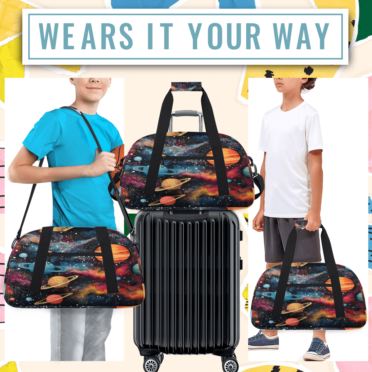 Herdesigns Outer Space Sports Duffle Bag for Women & Men, Solar System Universe Gym Bag Dance Bag Overnight Bag Carry On Weekender Travel Bag