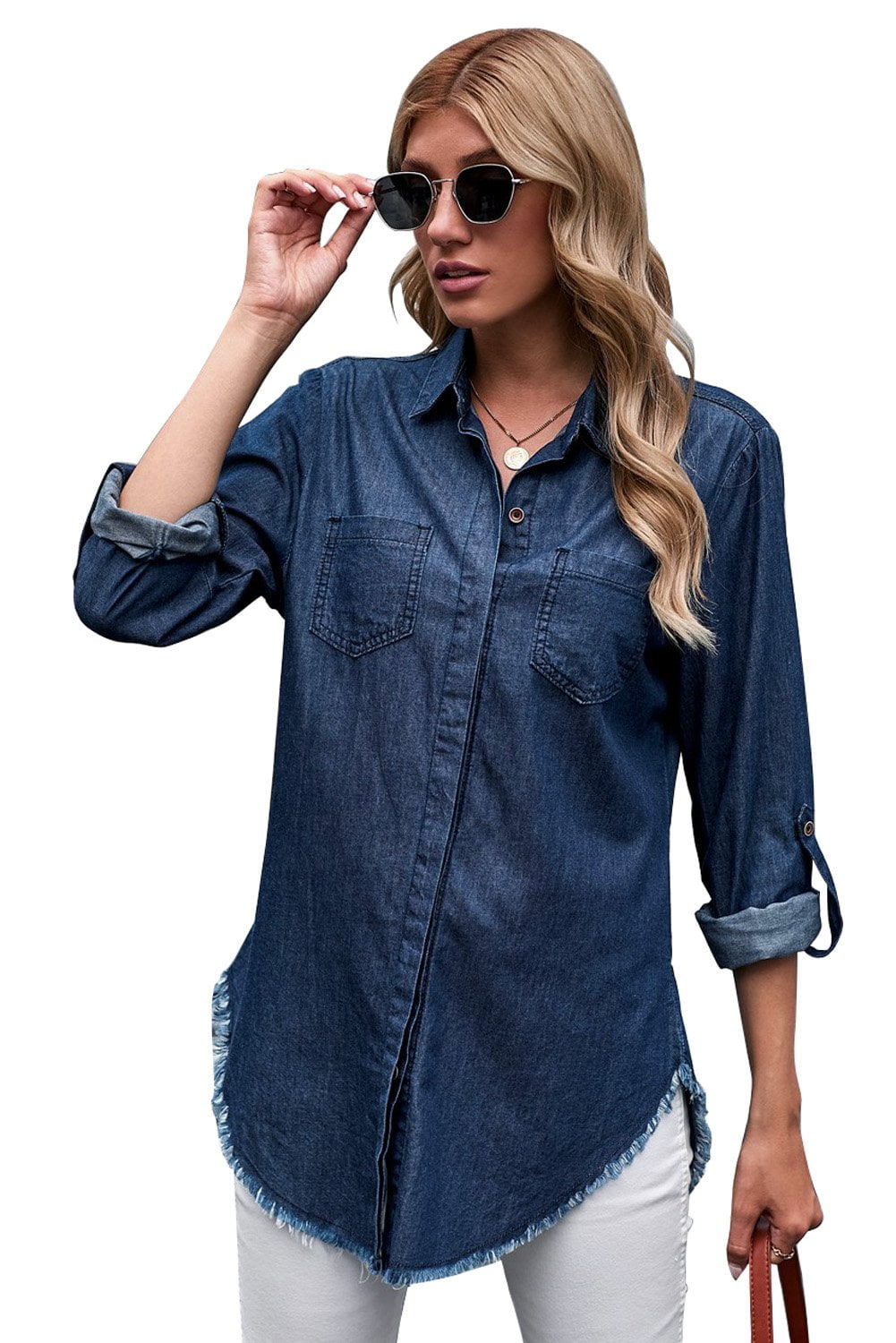 Long Sleeves Frayed Hem Denim Shirt 