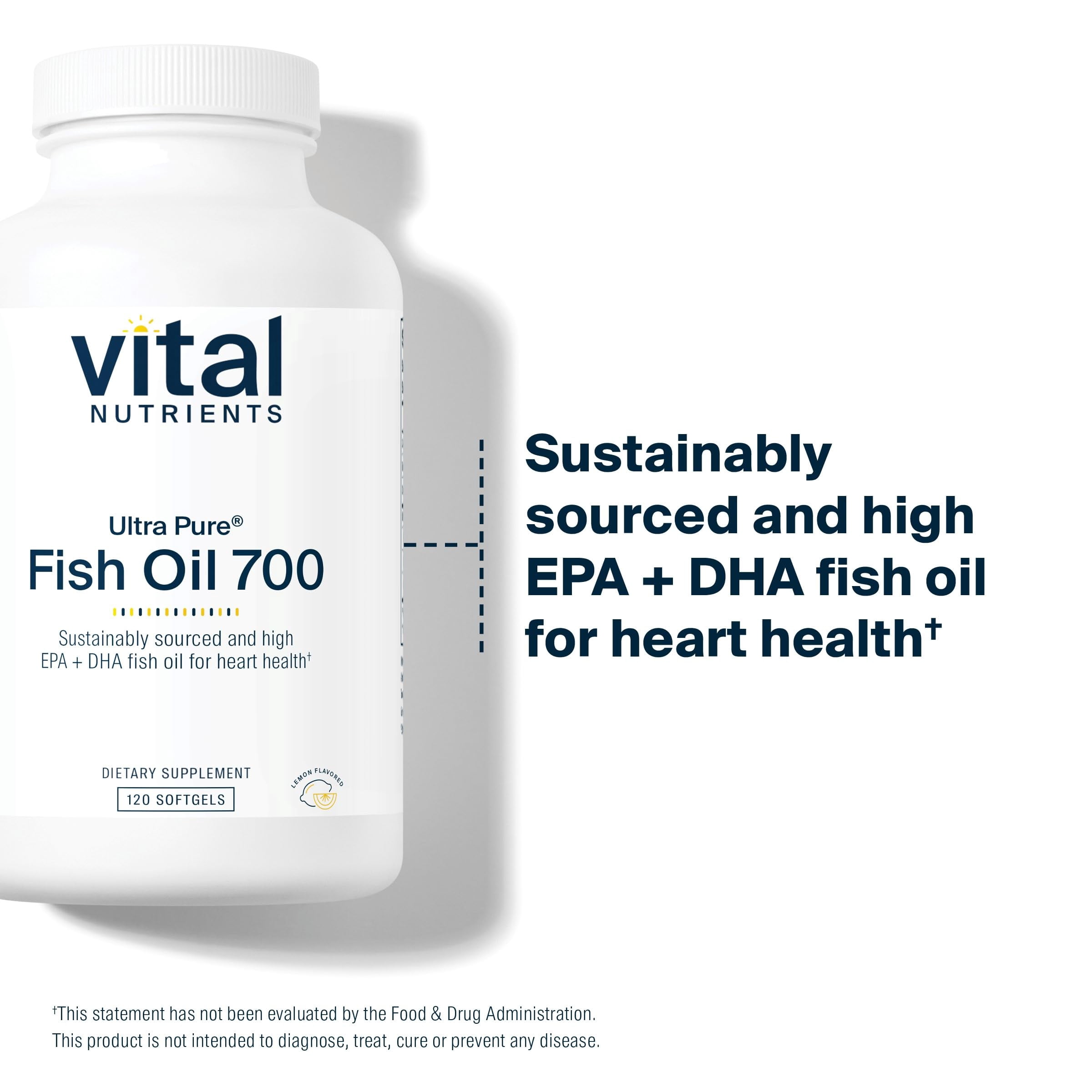 Vital Nutrients Ultra Pure Fish Oil 700 | Supports Heart, Brain, and Joint Health | Sustainably Sourced High EPA & DHA Omega-3 Fatty Acid | Lemon Flavor | Gluten, Dairy & Soy Free | 120 Softgels