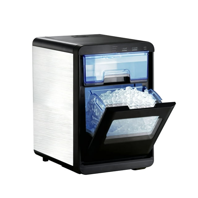KFFKFF Countertop Ice Maker with a compact, stainless steel design and a drawer-style ice access. This portable machine produces up to 44 lbs of chewable nugget ice per day and stores up to 4 lbs at a time. Features include a transparent viewing panel, self-cleaning function, and intuitive touch controls. The ice maker has a detachable water reservoir for easy refilling and operates quietly at less than 55 dB. Suitable for kitchens, offices, or gatherings.