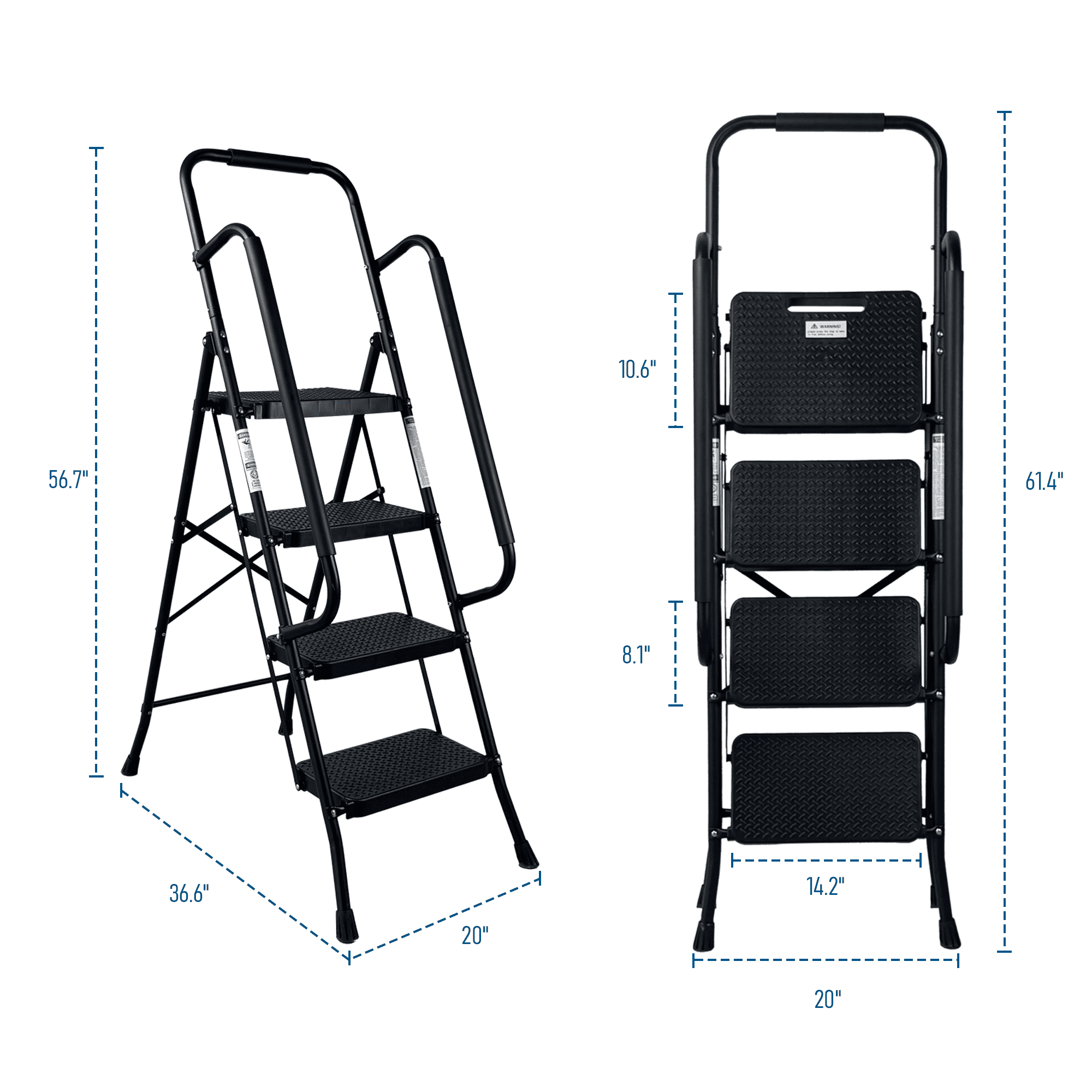 Leumius 4 Step Ladder with Handrails, Folding Step Stool with Wide Anti-Slip Pedal,Lightweight Portable Ladder for Home Kitchen Pantry Office, Black