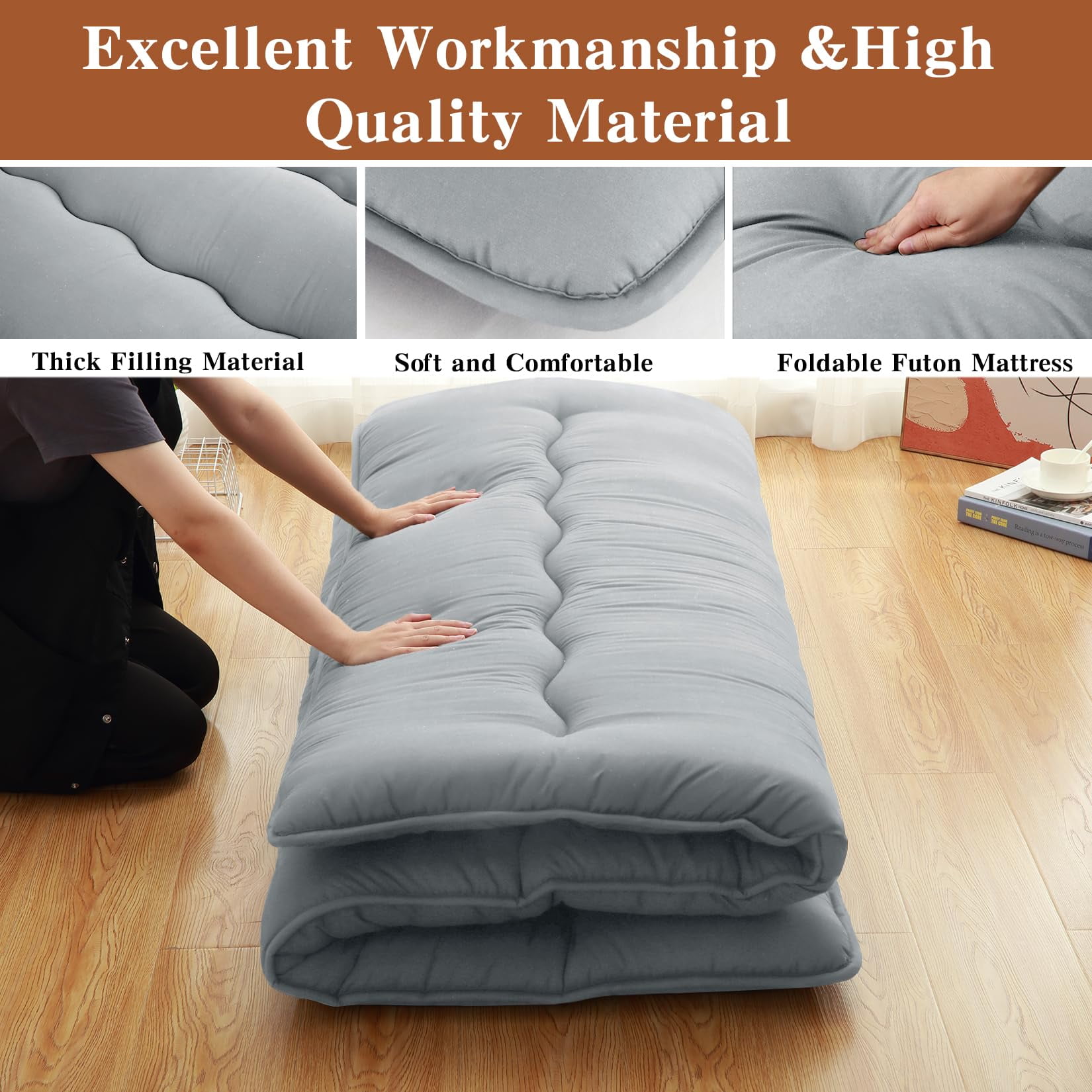 Danolapsi Japanese Floor Mattress Twin/Full Size,Futon Mattress Foldable Sleeping Pad for Kids,Roll Up Mattress Tatami Mat for Camping,Guest Room,Bedroom