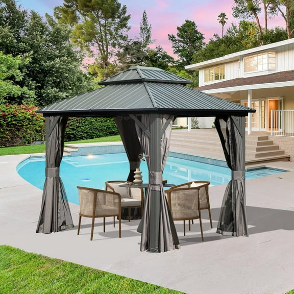 8'x10' Hardtop Gazebo,Aluminum Metal Outdoor Gazebo with Galvanized Steel Double Roof,Breathable Netting and Curtains,for Party,Dining,Wedding,Patio,Garden,Grey
