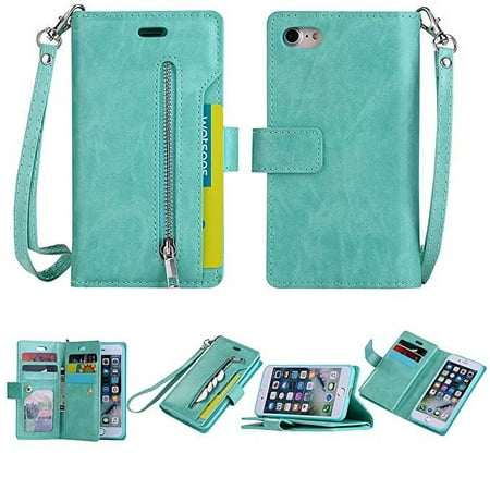 iPhone 8/ 7 Zipper Wallet Case, Allytech [Magnetic Closure] Multi-Functional Handbag Stand Function Folio PU Leather Flip Cover Inner Soft TPU Case for iPhone 8/ iPhone 7, Mint