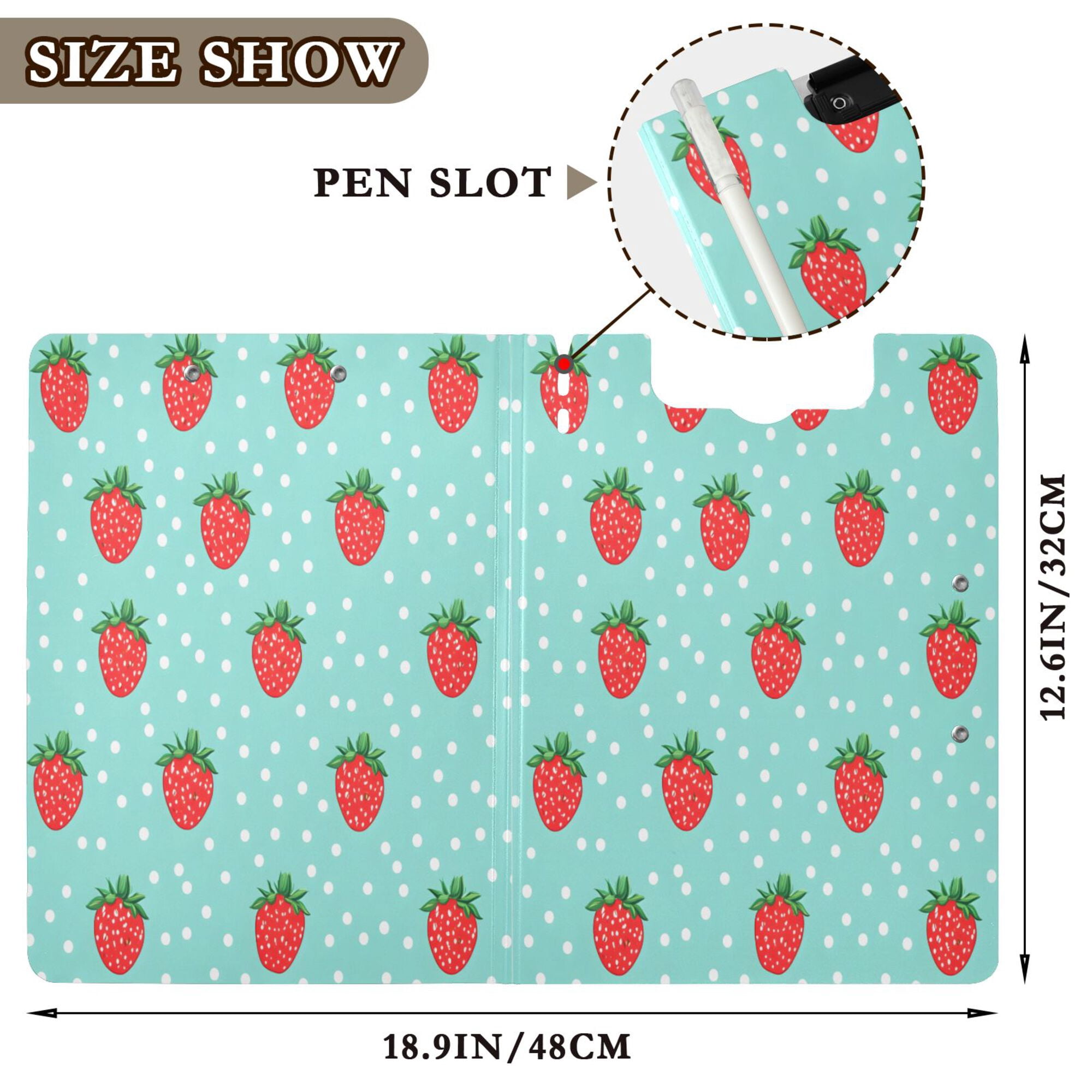 FORMRS A4 Clipboard Folder with Pen Holder Horizontal Foldable School Office Binder, Strawberry Pattern