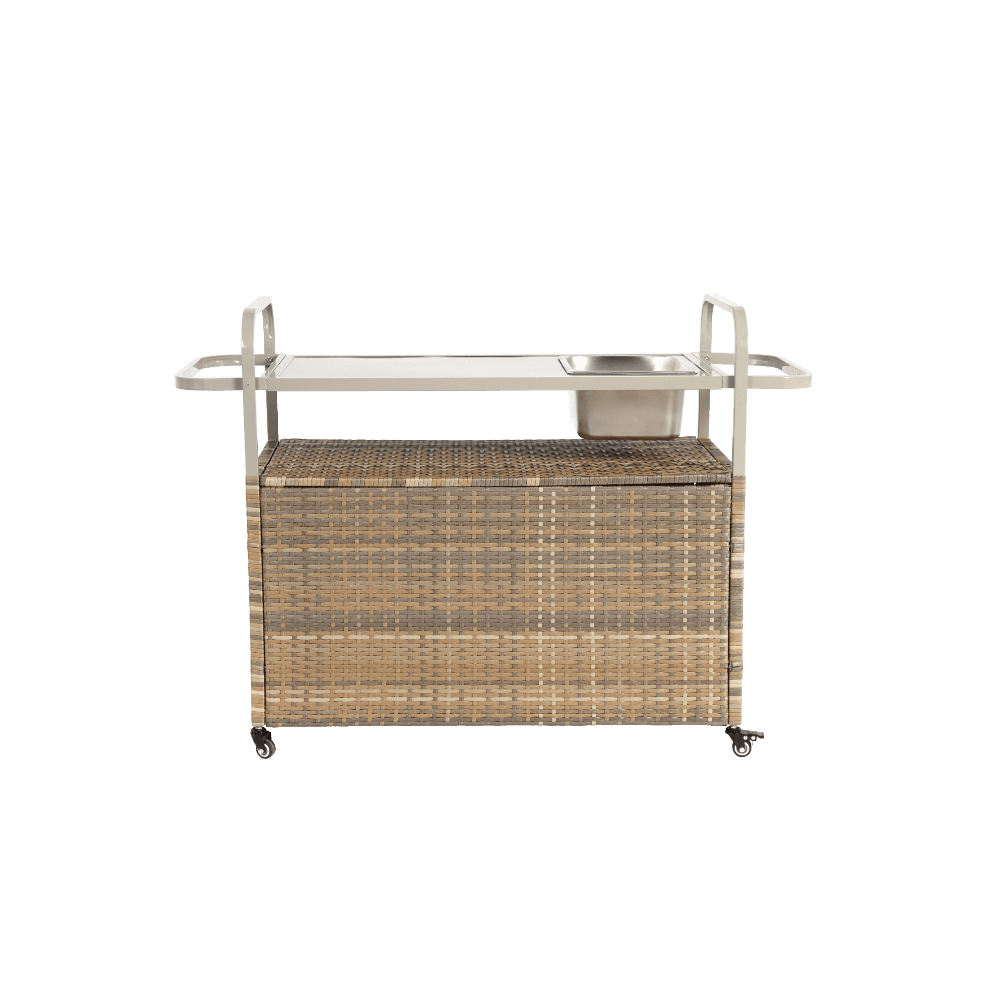 Outdoor Bar Cart,Wicker Bar Table Cart with Cabinet,Patio Serving Cart with Steel Top, Ice Bucket,Lockable Wheels, Side Basket for Garden, Poolside & Backyard,Beige