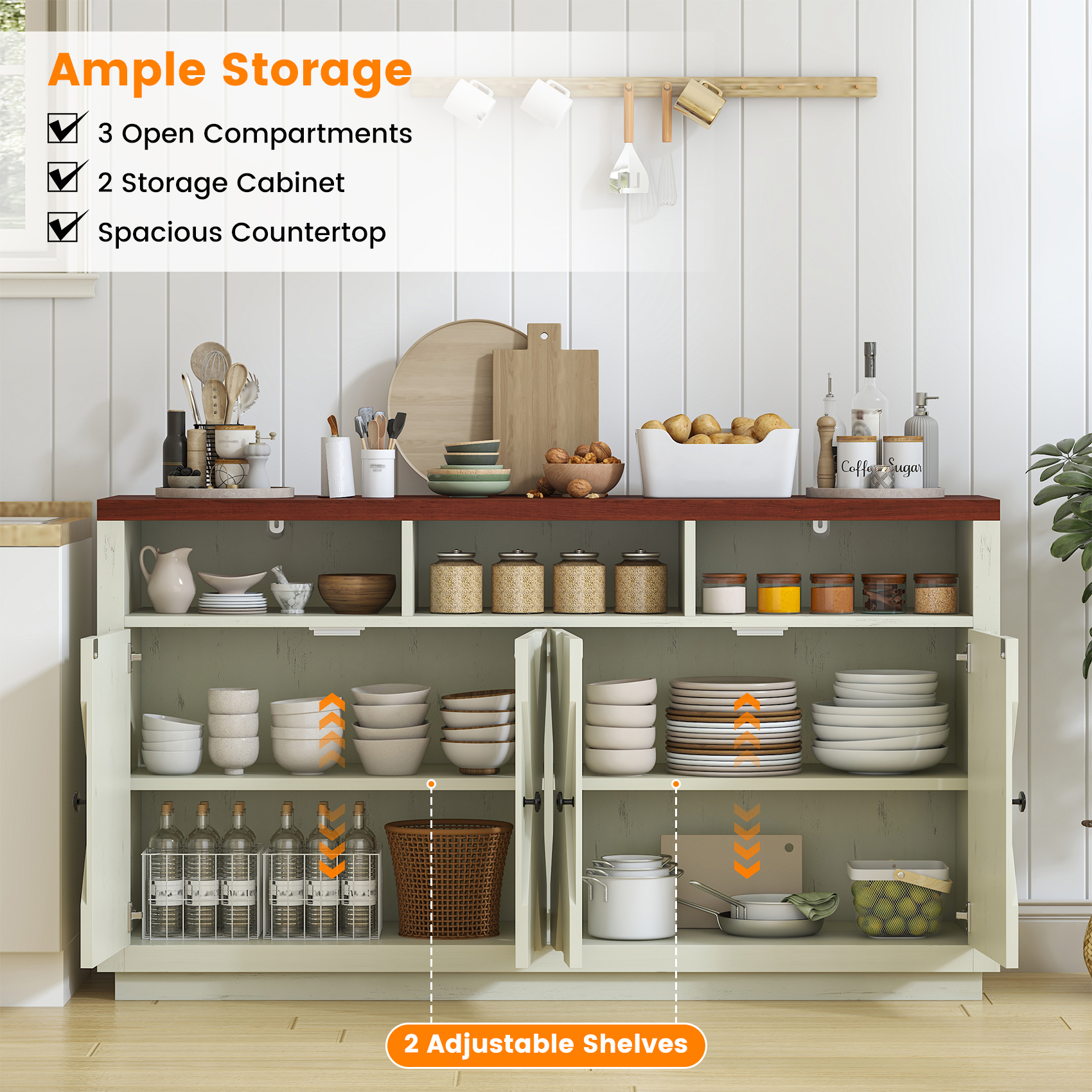 HAUXITIO 60" Farmhouse Buffet Cabinet with 4 Doors & Open Shelves,Kitchen Storage Sideboard for Dining Room & Living Room,Beige