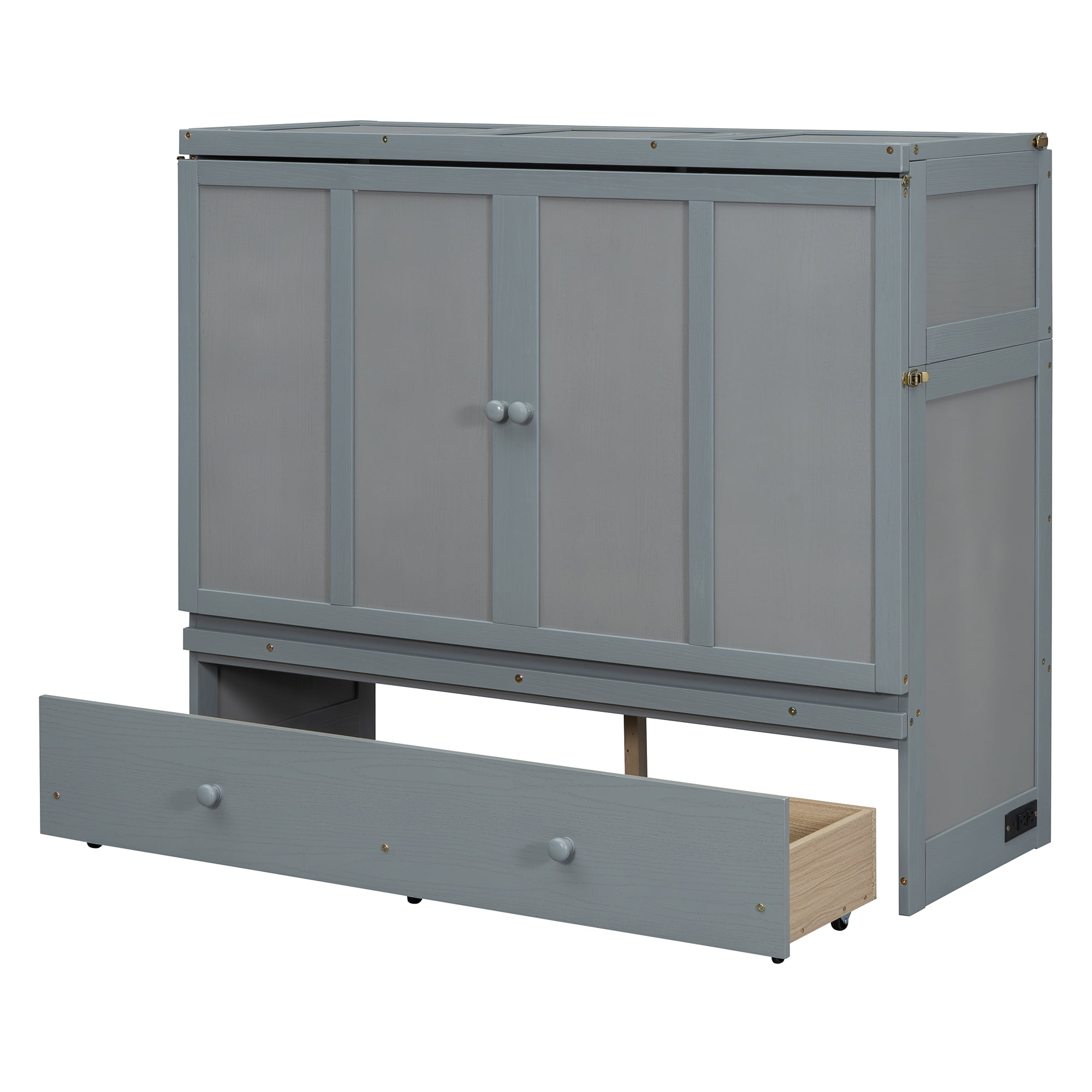 Mintazer Full Murphy Bed with Storage Drawer & Charging Station, Modern Foldable Cabinet Bed for Bedroom Apartment Guest Room, Gray