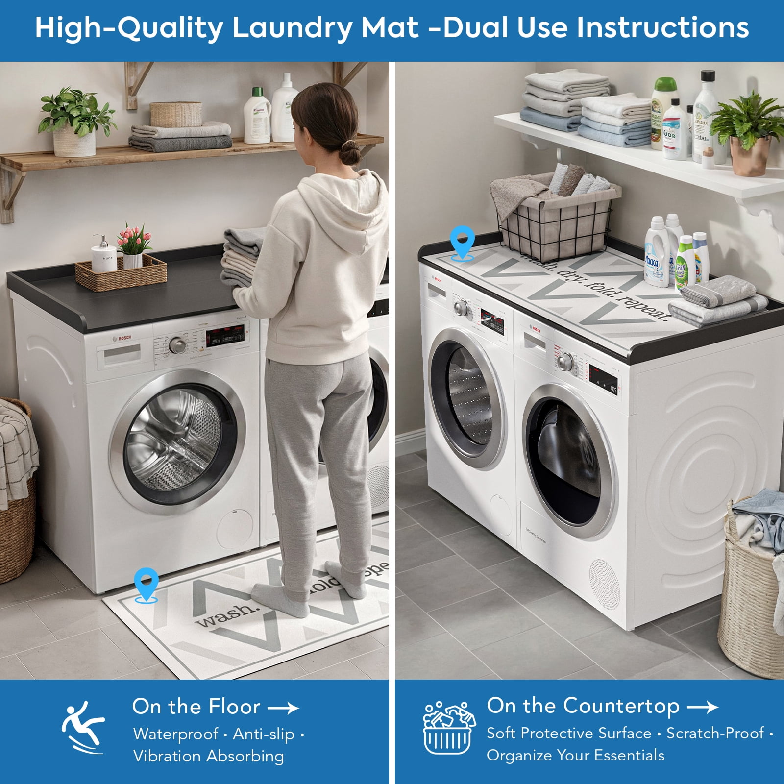 Wood Washer Dryer Countertop with Anti-Slip Pad, 27.6" D x 54" W Dryer Covers for The Top with Edge Rails, Washer Dryer Topper for Laundry Room, Black