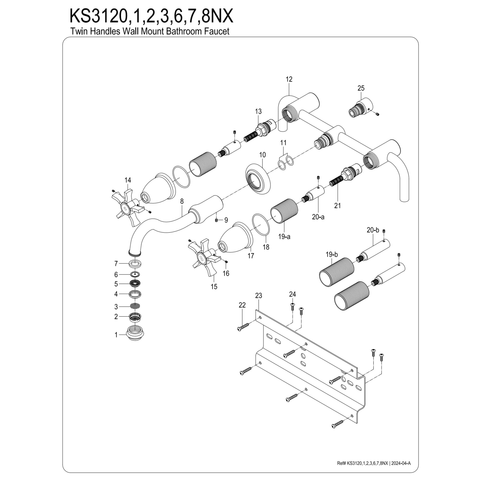 Kingston Brass KS3120NX Hamilton Double-Handle 3-Hole Wall Mount Bathroom Faucet in Matte Black