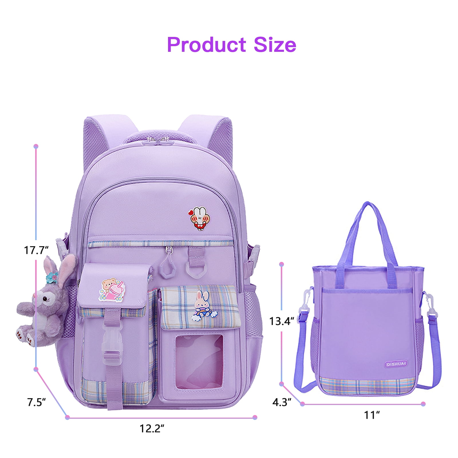 Kadyn Travel Backpacks, Cute Bookbag for Teen, Multifunctional School Durable Schoolbag with Lina Bell, 3 Decorative Cards and Lunch Bag, Purple