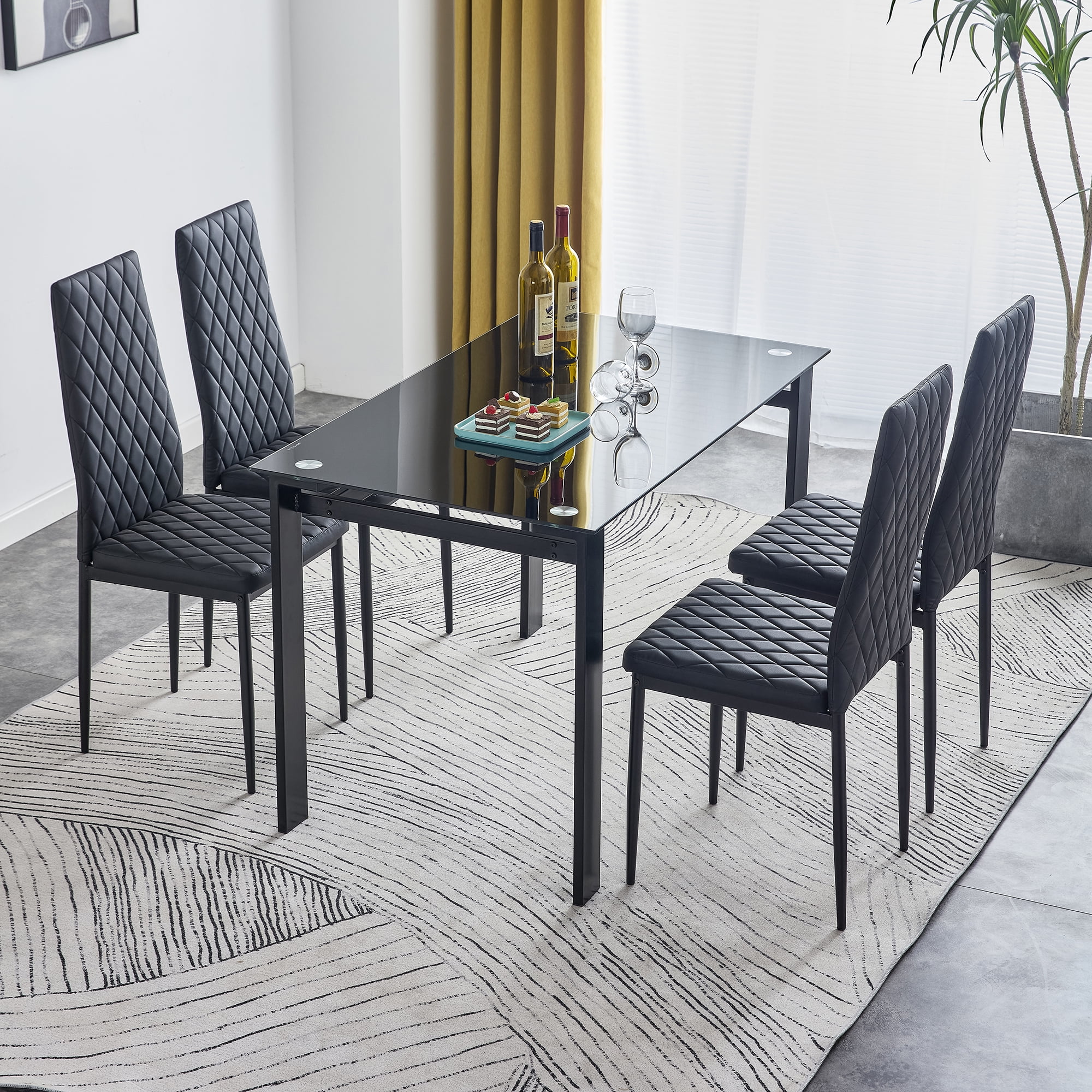 Kadyn 5 Piece Dining Table and Chair Set, Glass Kitchen Table with 4 PU Chairs, Dining Table Set for Living Dining Room for 4, Black