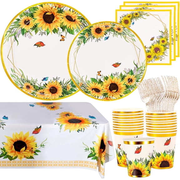Sunflower Party Supplies, Disposable Sunflower Plates, Cups, Napkins and Cutlery for Birthday, Bridal Shower, Sunflower Party Decorations Serves 24