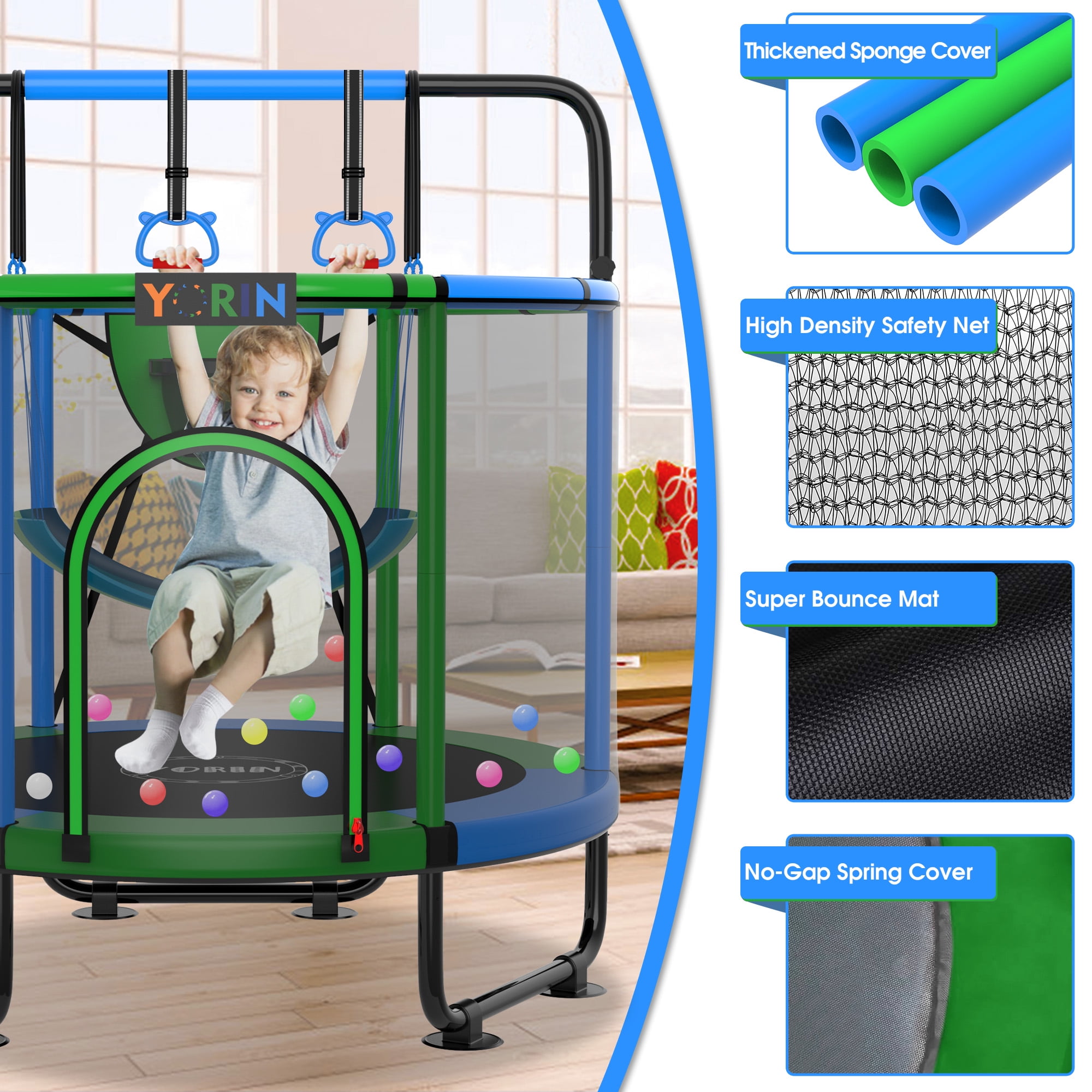 YORIN Trampoline for Kids, 55'' Toddler Mini Trampoline with Enclosure Net, Basketball Hoop, 4.5FT Indoor/Outdoor Kids Trampoline with Swing, Adjustable Gymnastics Bars, Gifts for Boys Girls, 500LBS