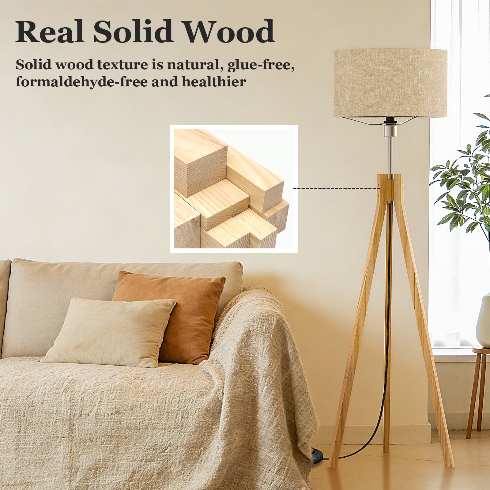 BLITZWILL Natural Wood Tripod Floor Lamp,Includes Light Bulb,E26 Base,LED Modern Dimmable Mid Century Standing Lamp,Flaxen Linen Shade,for Living Room, Bedroom, Office