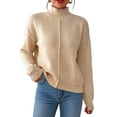 thumbnail image 3 of Female Sweaters Fall Long Sleeve Ribbed Knit Pullover Loose Mock Neck Light-Weight Casual Sweater Apricot S, 3 of 10