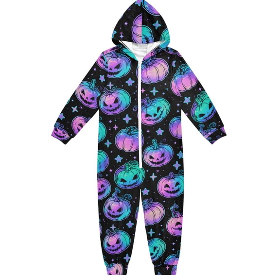 Halloween Pumpkins Stars Boys & Girls Hooded One-Piece Pajamas Warm Crystal velvet Hooded Long Sleeve Loungewear Jumpsuit Unisex