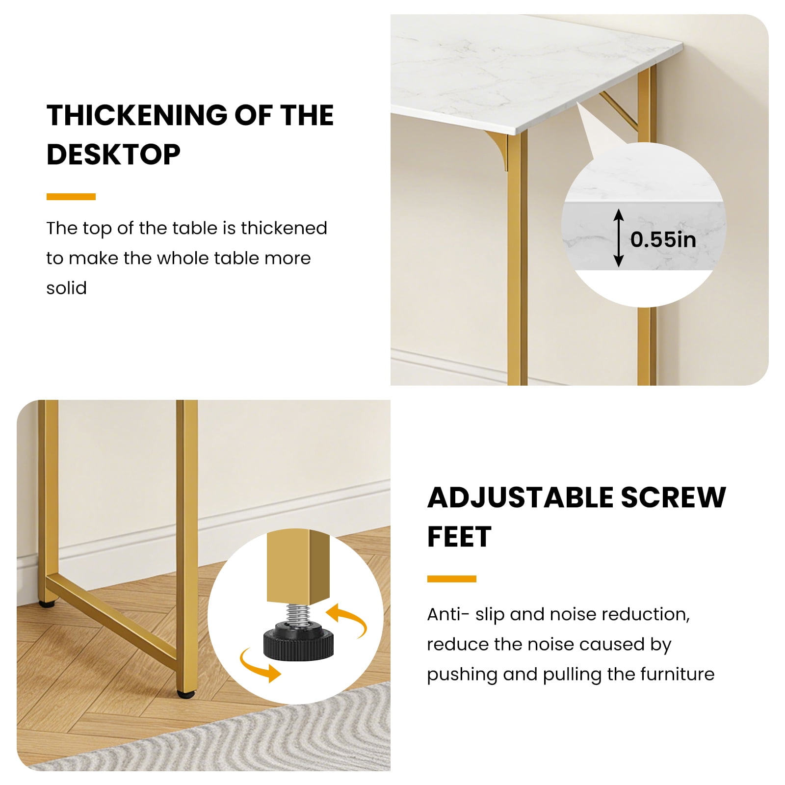 Dkelincs 47 inch Computer Desk and Chair Set Home Office Modern Wood Study Desk & Mesh Ergonomic Height Adjustable Office Chair for Small Spaces, Gold & Black