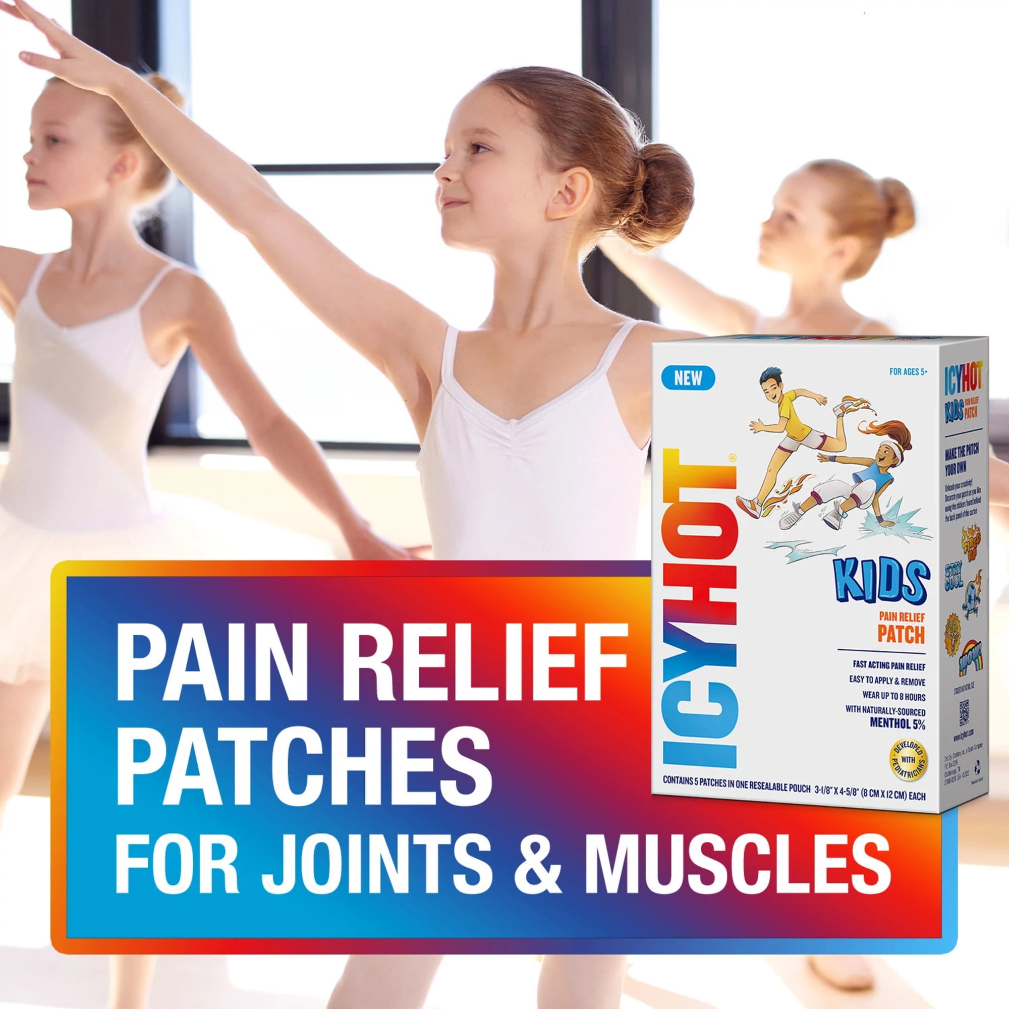 Icy Hot Kids Pain Relief Patches With Naturally Sourced Menthol 5%, Developed With Pediatricians, 5 Count