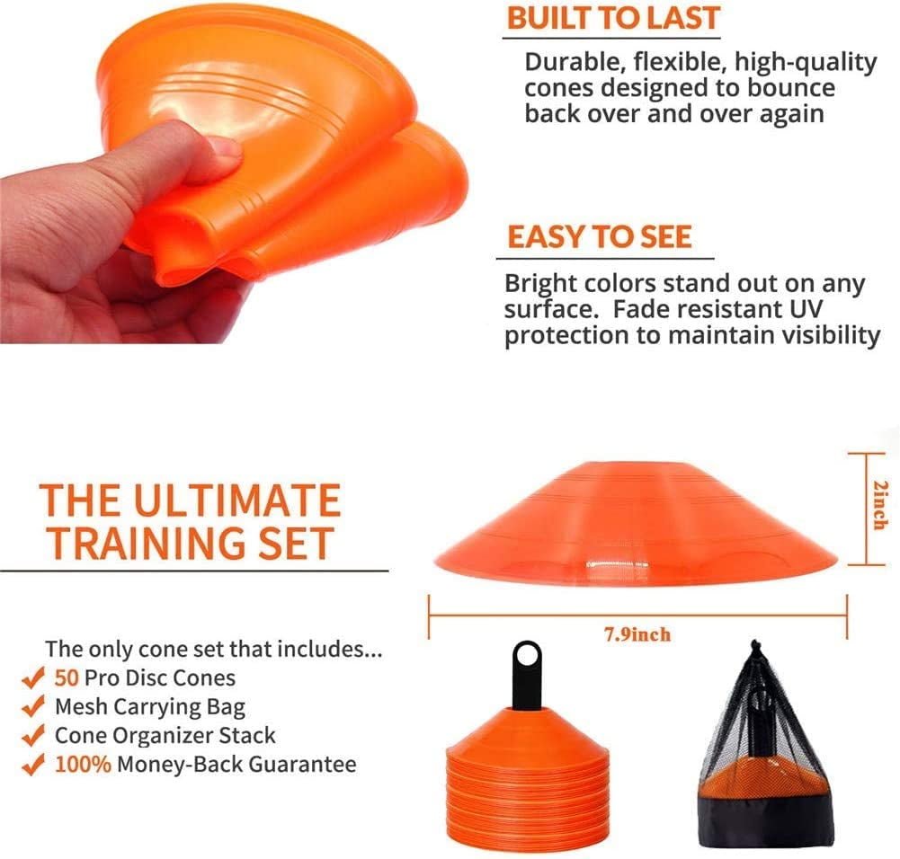 Biggz Pro Disc Cones (50 PCS) Disc Cone Agility Training Sports Cone Plastic with Carry Bag & Holder for Training, Football, Soccer, Kids, Sports, Field Cone Markers (Yellow)