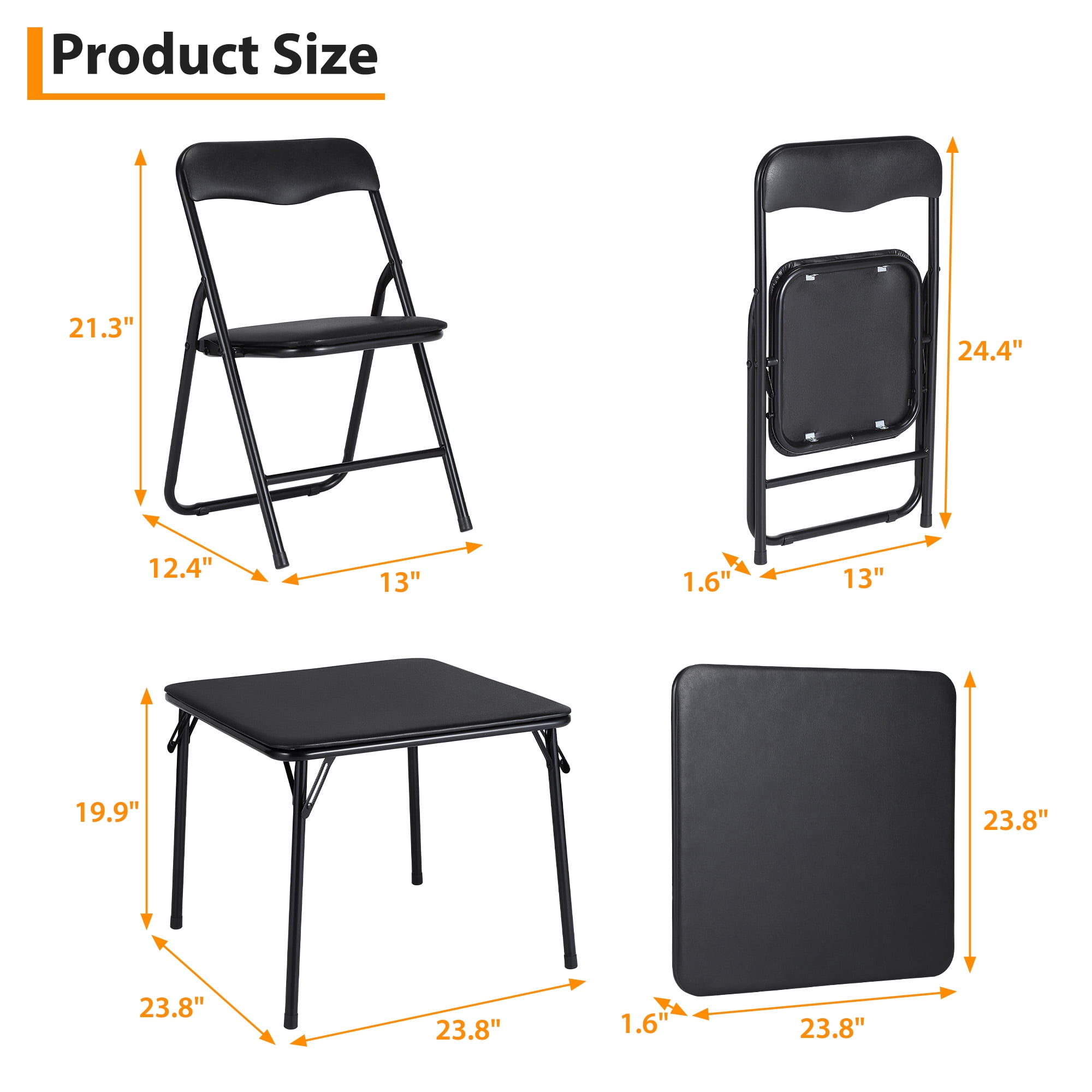 Black 5-Piece Kids Folding Table and Chair Set - Upholstered Metal Frame Activity Table Set for Eating, Reading & Playing