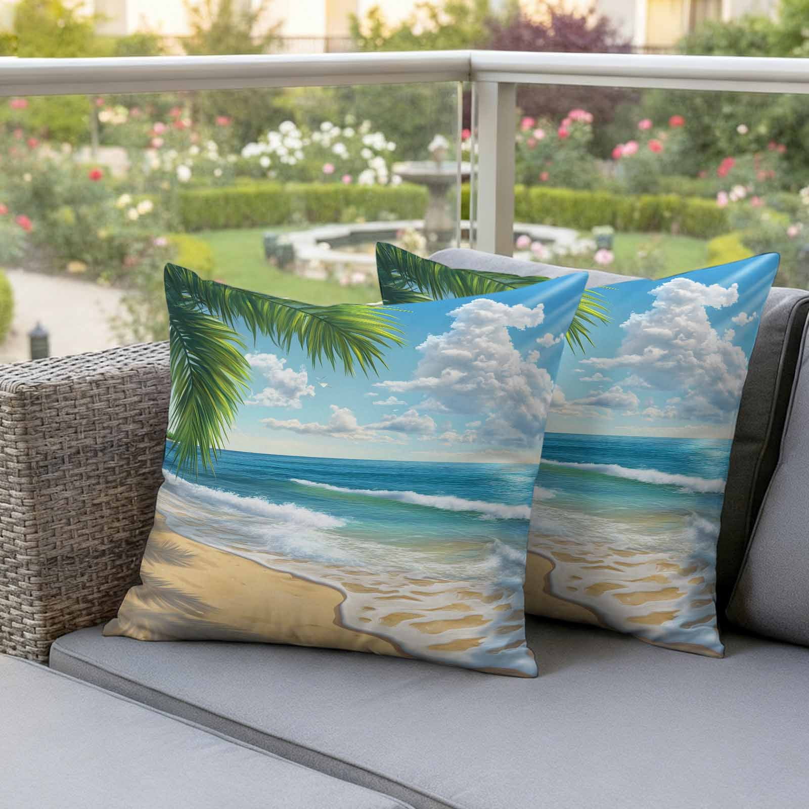 Waterproof Throw Pillow Covers 16x16 Set of 2, Summer Beach Blue Seawater Outdoor Pillowcases with Invisible Zipper, Tropical Plant Palm Tree Decorative Cushion Covers for Patio Garden Sofa Couch
