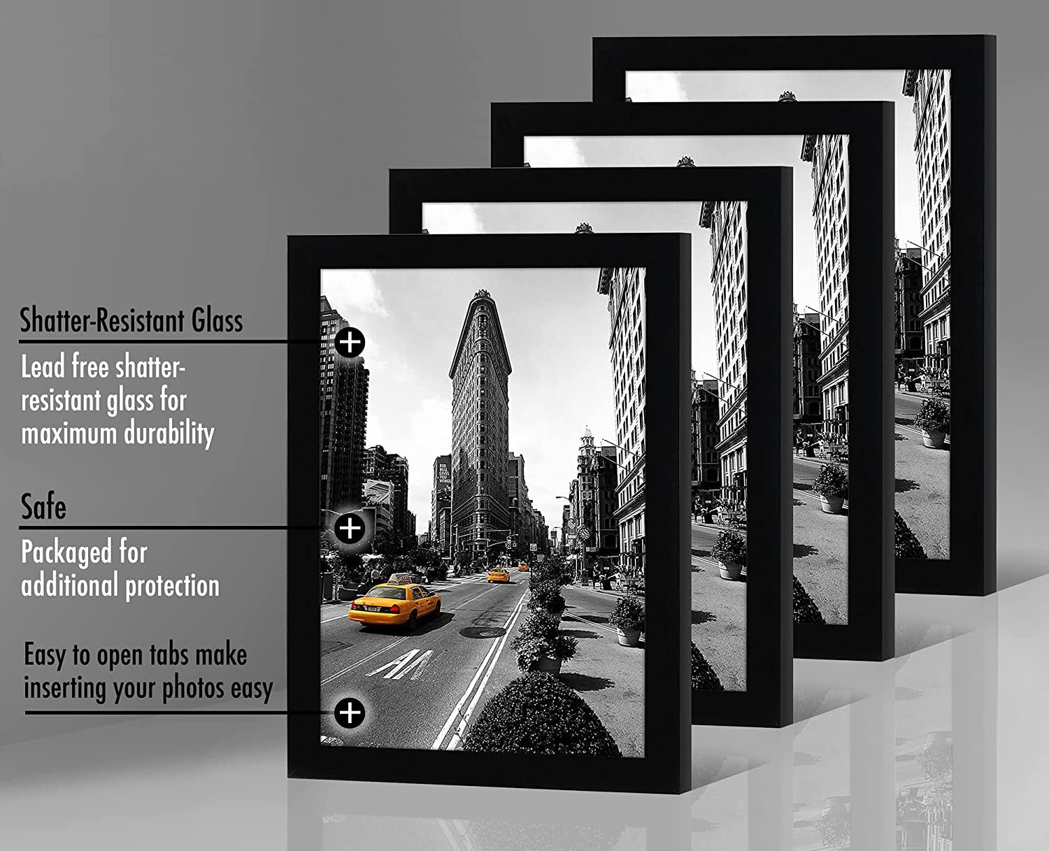 Americanflat 11x17 Picture Frame, MDF wood and shatter-resistant glass, portrait and landscape display, Black, 4 Pack