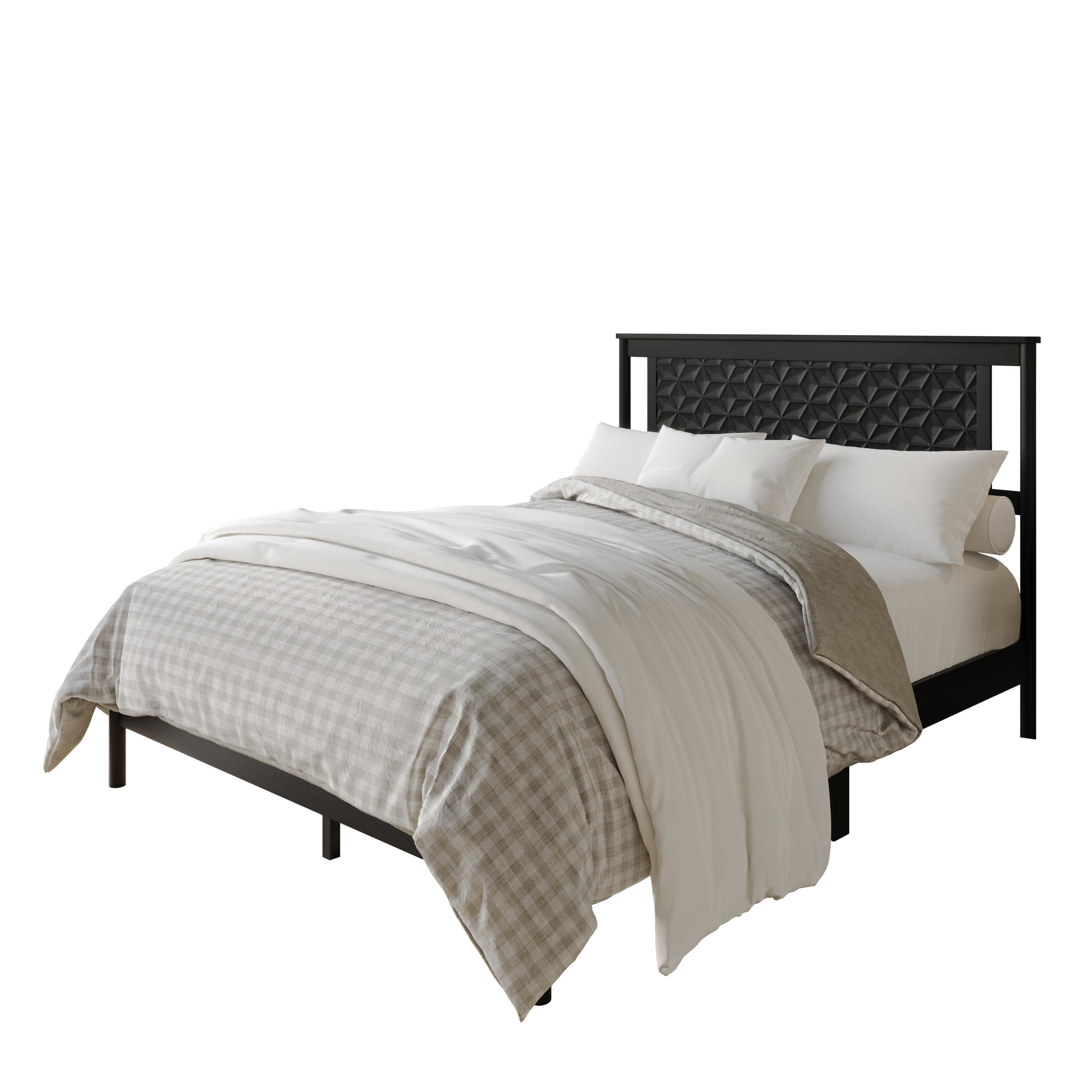 Home Design Tuskegee Queen Panel Bed Frame with Geometric Headboard and Solid Wood Frame, Black, Box Spring Required, Easy Assembly