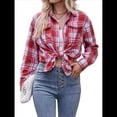 thumbnail image 3 of Camisa de Franela A Cuadros con Botones para Mujer, Chaqueta de Larga y Corta, Talla Grande. Rojo XL, 3 of 10