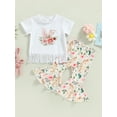 thumbnail image 2 of Bagilaanoe 2Pcs Toddler Baby Girl Easter Outfits Flower Print Short Sleeve T-Shirts Tops + Flare Trousers 6M 12M 18M 24M 3T 4T Kids Long Pants Set, 2 of 8