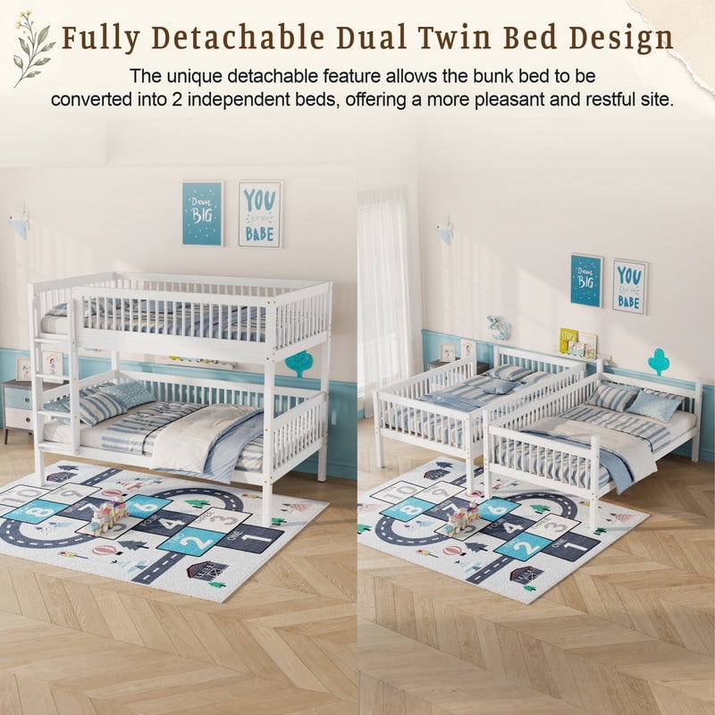 Twin-Over-Twin Size Convertible Kids Bunk Bed into 2 Platform Beds, Teens Wood Bed Frame with Ladder and Safety Guardrails