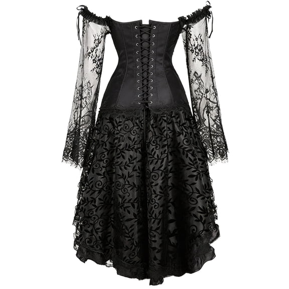 Huowey Halloween For Women Plus Size Witch Gothic Dresses LaceâUp Waist Corset Fancy Cosplay Party Gown Off Shoulder Long Sleeve Elegant Halloween Dress,Black,XXXXXL