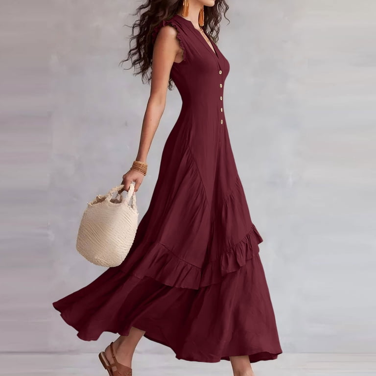 burgundy maxi dress casual Burgundy Tiered Cotton Maxi Dress, Tie Waist Boho Gown for Women, Wedding Guest Outfit, Fall Dress, Spring Clothing, 3XL / Burgundy