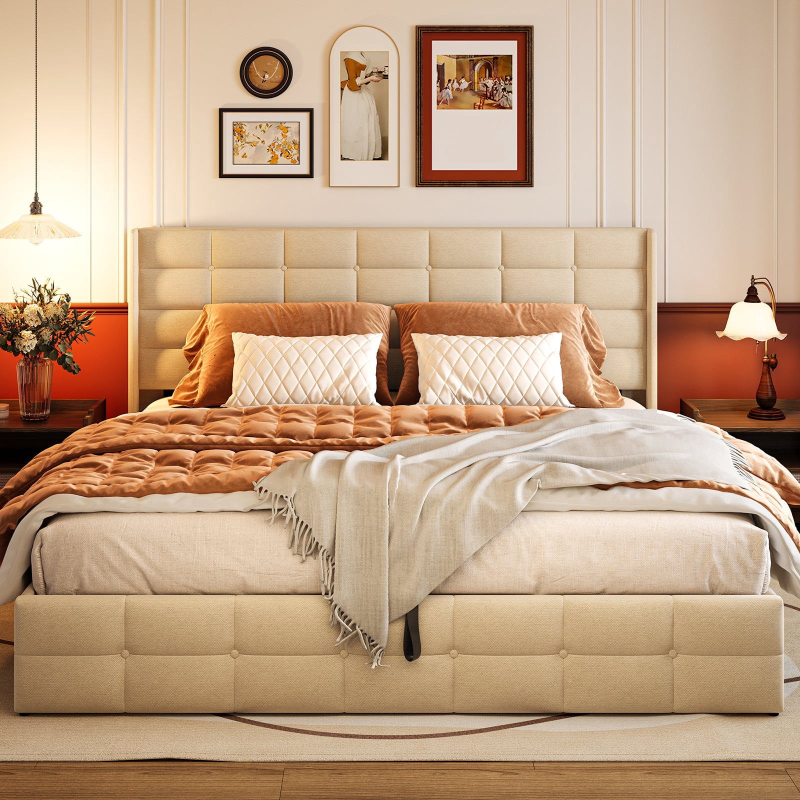 Queen Lift Up Storage Bed w/ Hydraulic, Upholstered Wingback Headboard Bed Frame, Wood Slats, Steel Frame, No Box Spring, Underbed Storage, Anti-Slip, Noise-Free, Sturdy & Space-Saving, Beige