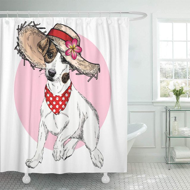 ABPHQTO Retrato vectorial de perro Jack Russel Terrier con sombrero de paja Cortina de ducha 150x180 cm
